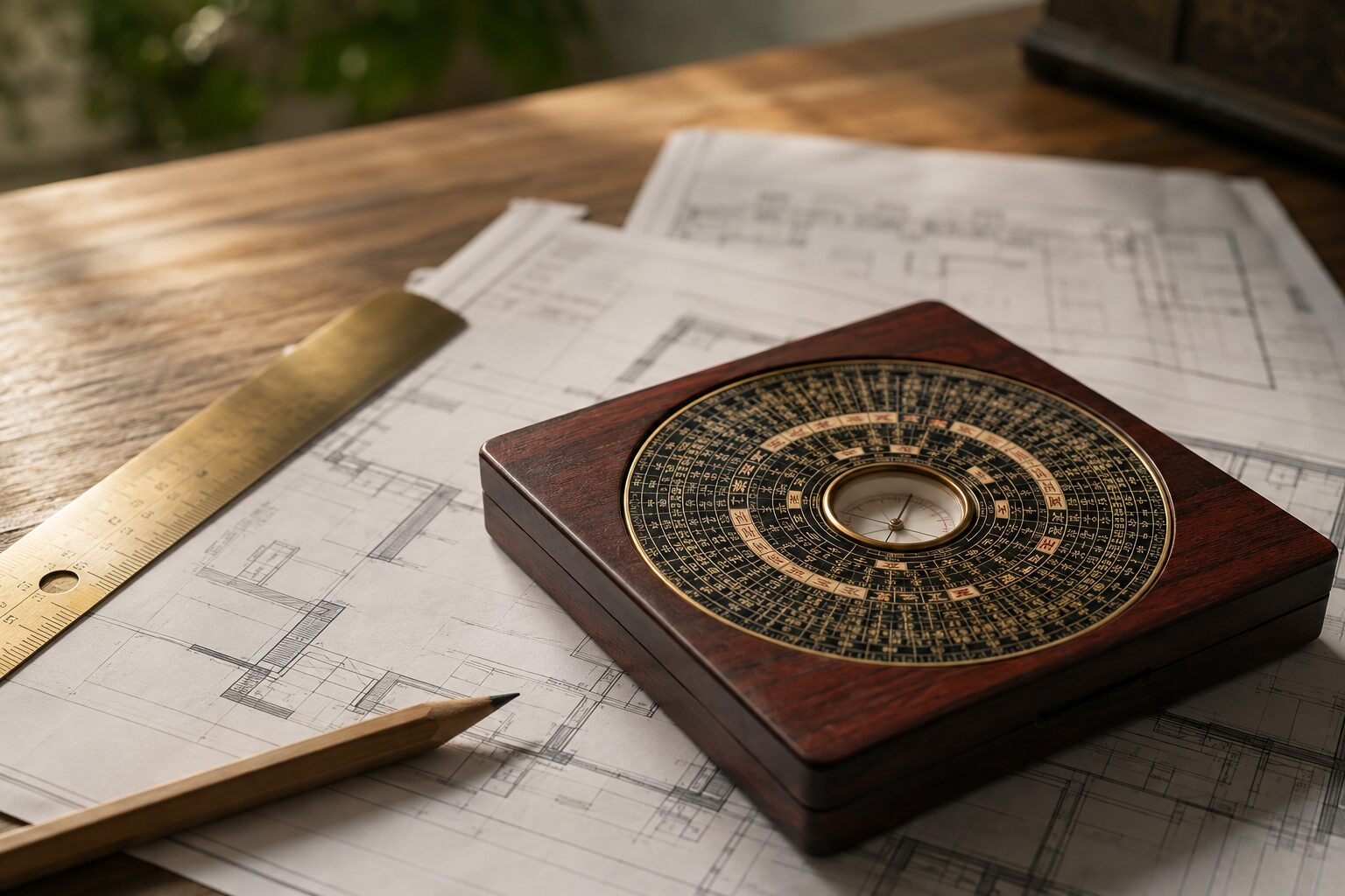 A luopan compass resting on architectural floor plans