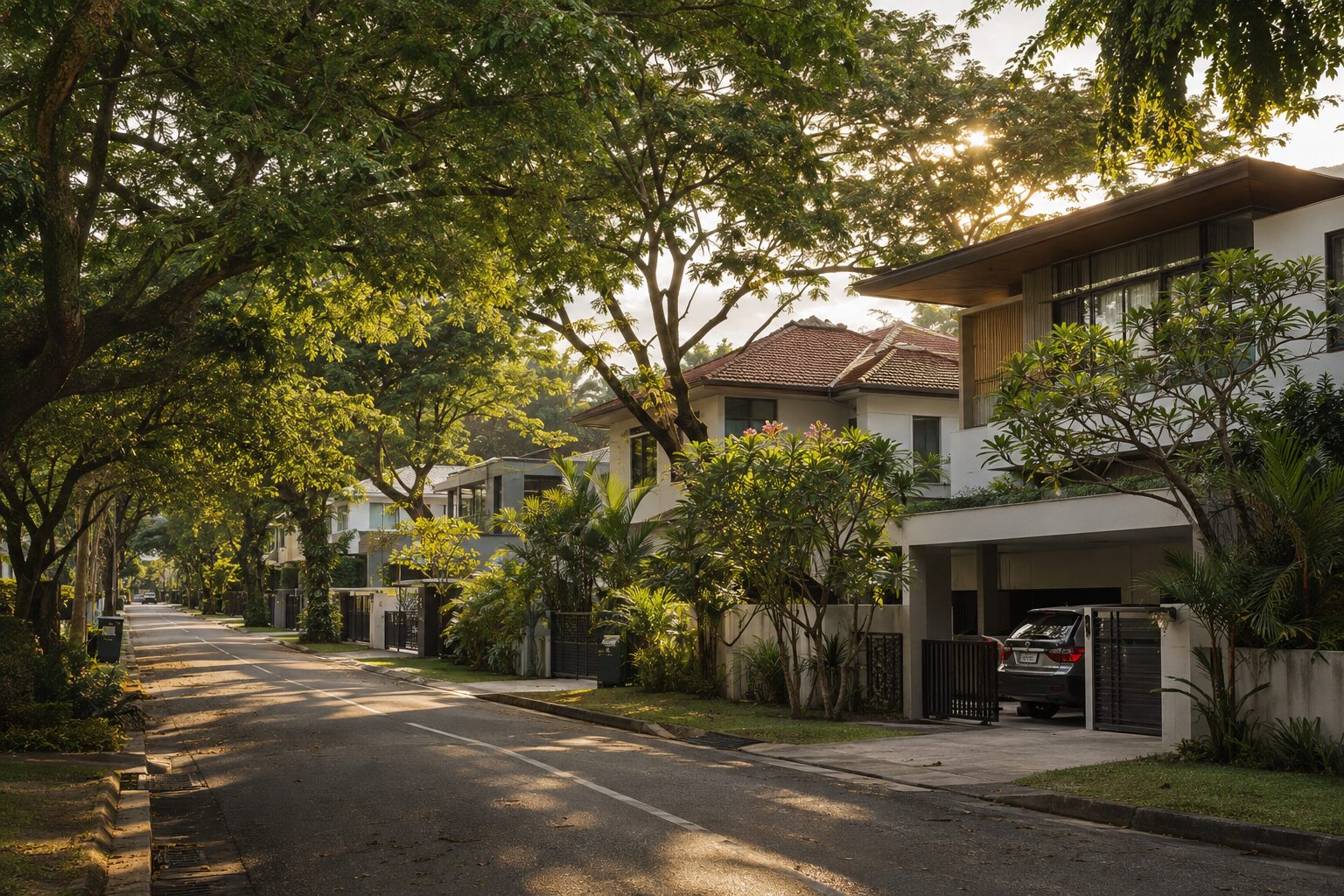 A leafy landed housing street in the west of Singapore at golden hour