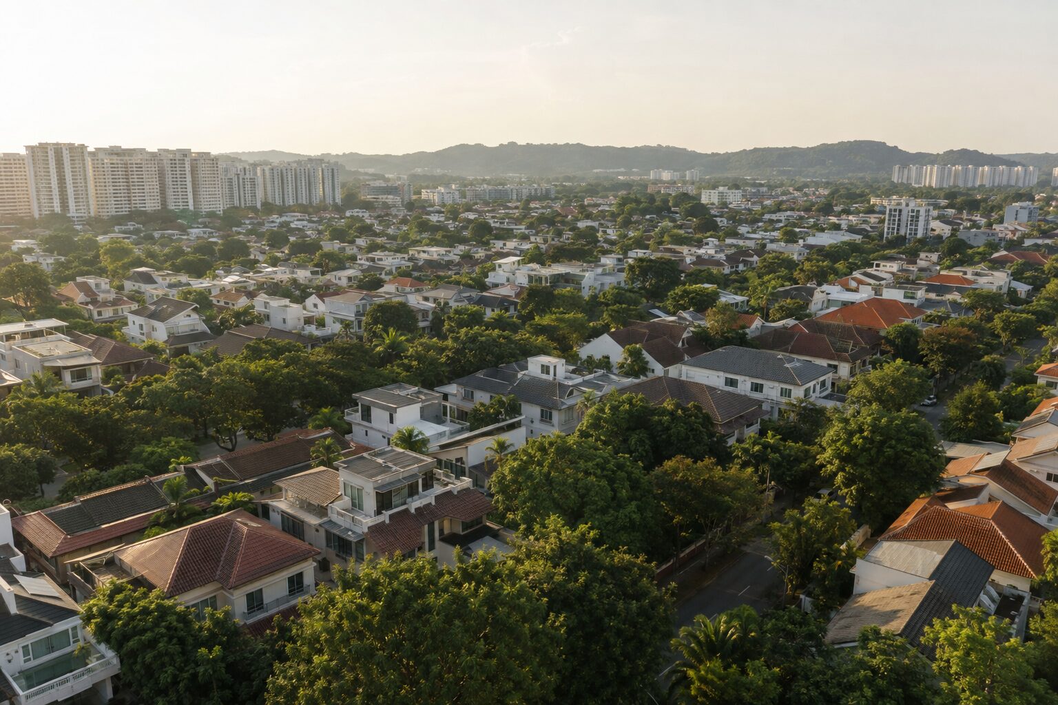 A low-rise landed housing estate in the west of Singapore from above
