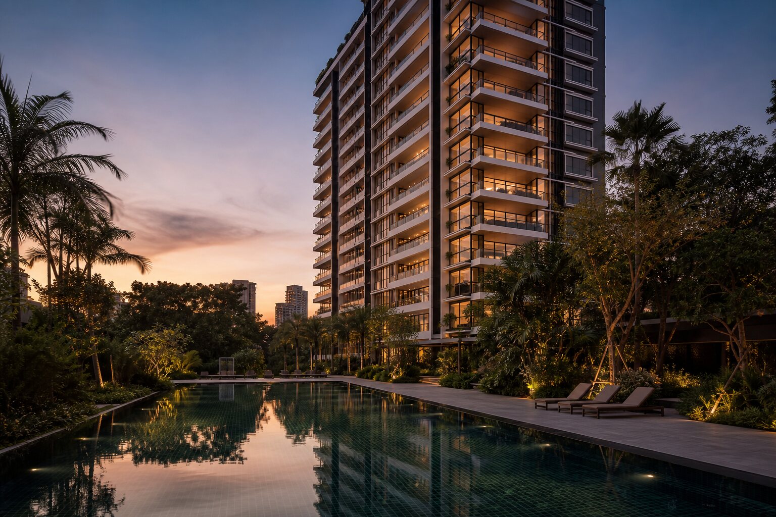 A private condominium in Singapore at dusk